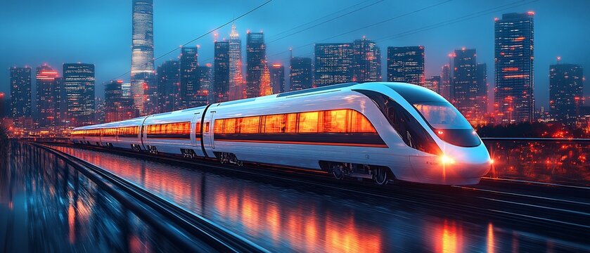 Detailed infographic of futuristic maglev train system visualizing how innovation transportation reducing travel times and environmental impact symbolizing the next leap in public transit technology