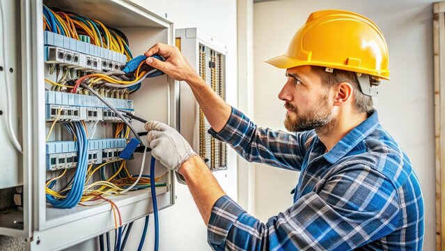 Modern electrician rewiring a residential home's electrical system, replacing outdated wiring with new cables, ensuring safe and efficient power distribution throughout the house.