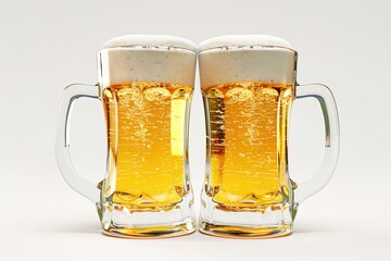 two mugs of tasty golden beer filled with bubbles and foam, isolated on white background