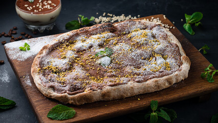 Fresh sweet pizza or pinsa with chocolate sauce, pistachios, powdered sugar and mint.