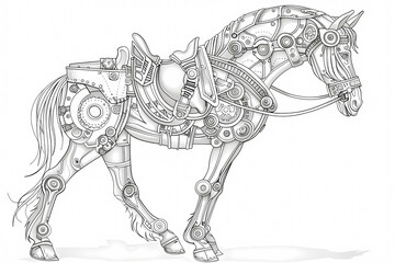 A detailed illustration of a mechanical horse, showcasing intricate gears and metal components in a unique, artistic style.