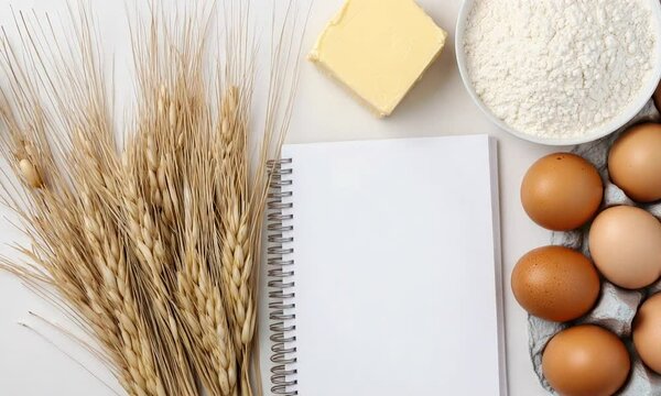 A kitchen counter is organized with essential baking ingredients including eggs, flour, butter, and fresh wheat, alongside a blank notepad for recipes