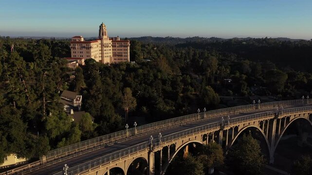 Sunset view of the historic skyline and bridges of downtown Pasadena, California, USA.
