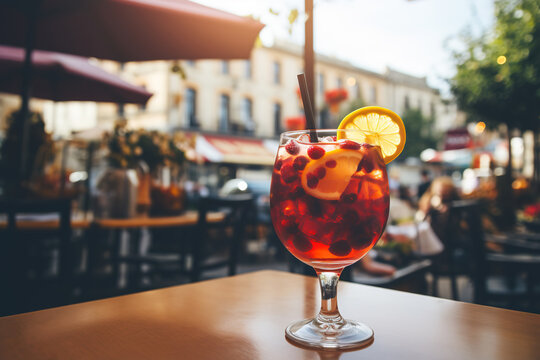 Fototapeta closeup glass of sangria on table in a street cafe on blurred background