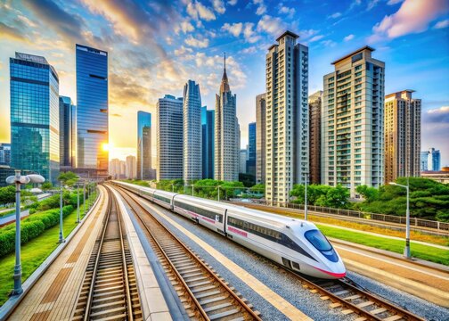 Modern high-speed train approaches platform amidst sleek apartments and urban landscape at bustling Seoul Station, showcasing South Korea's advanced transportation infrastructure.