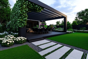 Fototapeta premium A tranquil garden design with a large pergola covered in climbing roses, providing a shaded area for outdoor dining and relaxation