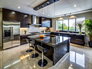 Fototapeta premium Modern kitchen boasts sleek black wood cabinets, gleaming granite countertops, and stainless steel appliances, set against a bright and airy backdrop in Guadalajara, Mexico.
