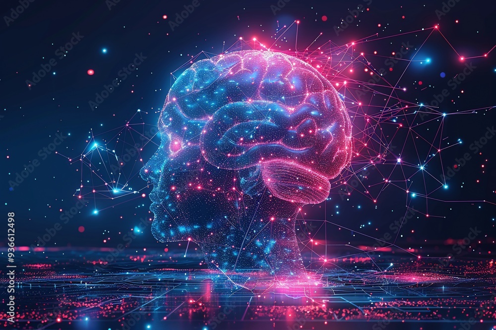Poster detailed visualization of brain neural pathway light up they connect form new ideas symbolizing grow