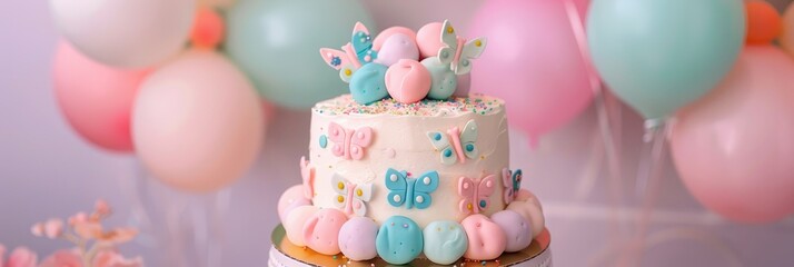 Colorful birthday cake adorned with soft balloons for a child's celebration Butterfly-inspired cake for a memorable birthday event Joyful photoshoot capturing a baby's first year