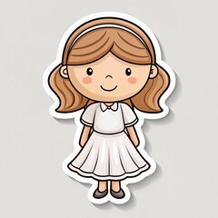 a little girl sticker in a white dress with a black outline, flat design, on a solid background, die-cut stickers, simple shapes, low detail, no shadow, cute style, simple lines, clean edges 