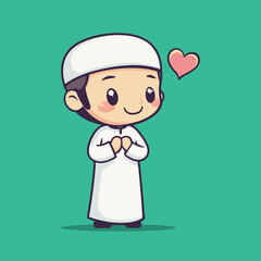 Cartoon illustration of a Muslim man wearing white a cap. Arab muslim man character isolated.
