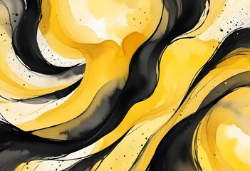 Obraz premium Flowing blue yellow and black abstract background with soft, wavy shapes and subtle sparkles
