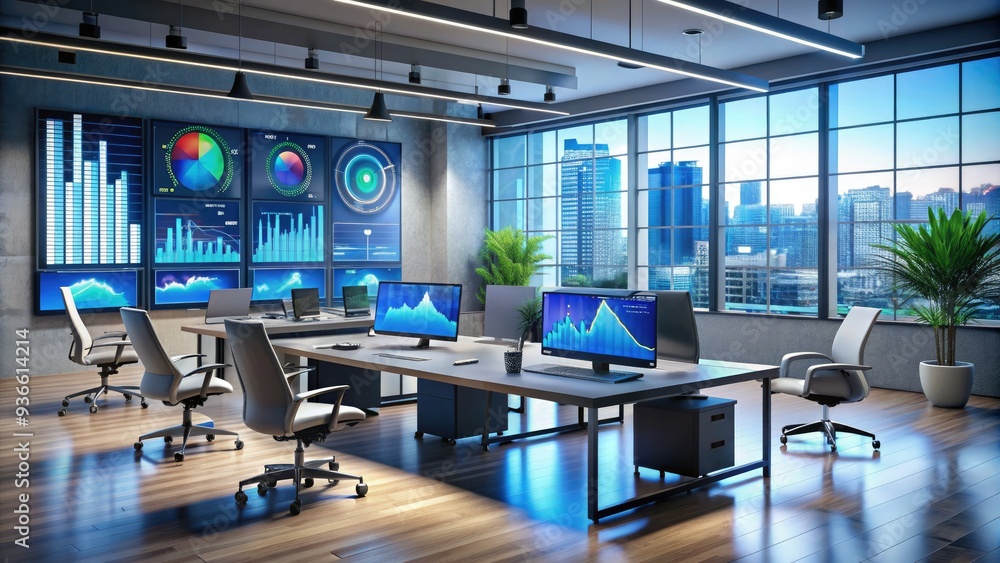 Poster modern office interior with screens displaying data analytics and graphs, highlighting innovative so