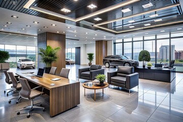 Modern office interior with sleek desks, chairs, and sleek displays showcasing luxury vehicles, a hub for car sales and customer service in a upscale setting.