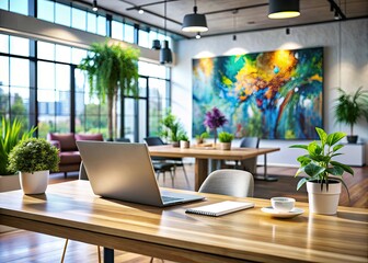 Fototapeta premium Modern office interior with sleek furniture and abstract artwork, blurred background highlights a sharp focus on a laptop and creative ideas in progress.