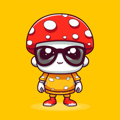 Cute mushroom character with white dots on a red cap in a simple flat vector illustration style.