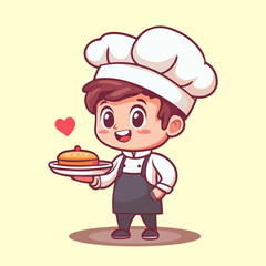Cute cartoon vector chef character with a cloche hat and heart symbol on a pastel background.