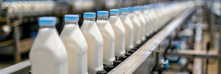 Plastic containers holding pasteurized milk on a production line.