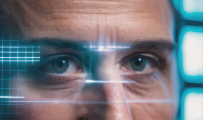 A close-up shot of a person's eyes looking directly at the camera, with a blue grid pattern superimposed over their face