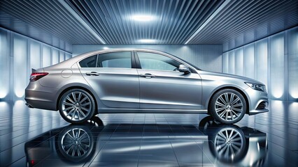 Modern sedan car parked in front of a sleek, silver metallic background, illuminated by soft light, highlighting its sleek design and aerodynamic features.