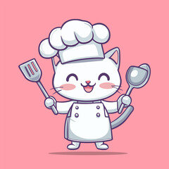 Cute cat chef character holding cooking utensils, Cartoon vector illustration. Flat style, food concept.