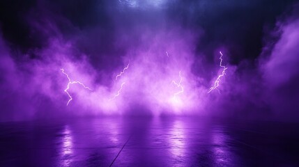Abstract dark stage with purple smoke, lightning, neon lights, and sparkles.