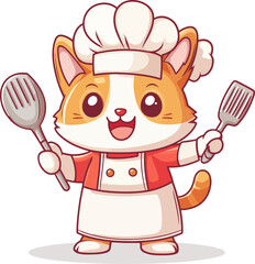 Cute cat chef character holding cooking utensils, Cartoon vector illustration. Flat style, food concept.
