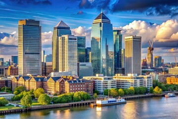 Fototapeta premium Modern skyscrapers dominate the London skyline in the financial hub of Canary Wharf, a bustling business district with sleek architecture and urban vitality.