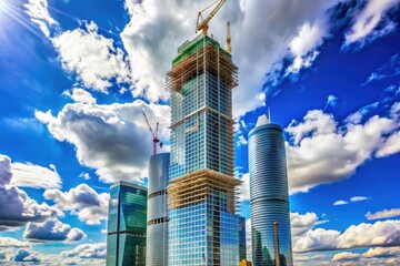 Modern skyscraper under construction in Moscow, Russia, rising high into a bright blue sky with fluffy white clouds, symbolizing growth and progress.