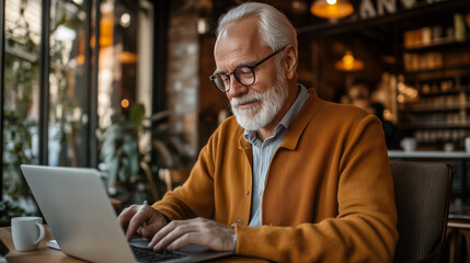 Fototapeta premium Mature man working on laptop at table in coffee shop