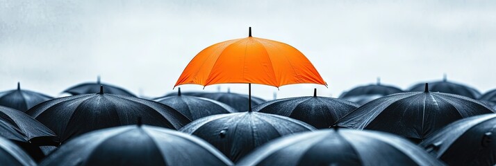 a crowd of black umbrellas and one orange umbrella standing above all the others
