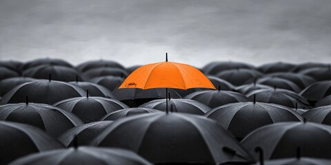 a crowd of black umbrellas and one orange umbrella standing above all the others