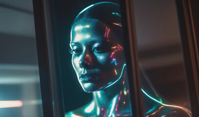 A woman's face is illuminated by colorful lights in a dark, futuristic setting