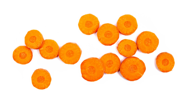 Carrot slices isolated on white, top vie