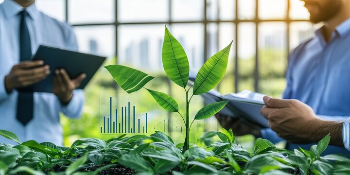 A professional background with corporate leaders discussing environmental goals, graphs displaying sustainability metrics, 