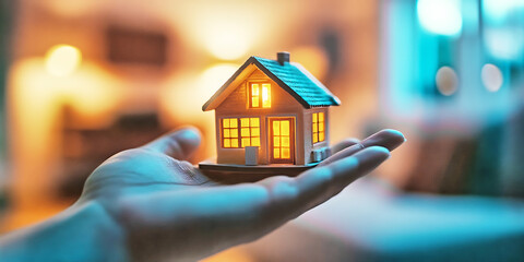 Mini maison éclairée dans une main représentant la sécurité et la propriété dans un cadre serein, idéal pour article ou blog sur l'immobilier