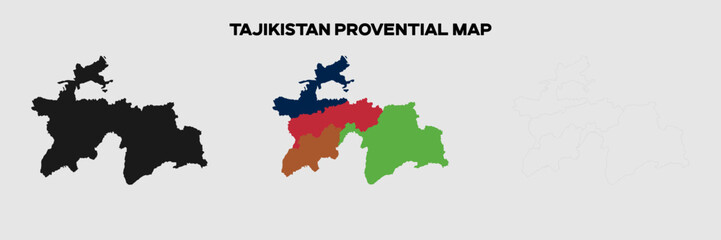 Tajikistan Provential Map in colors. EPS file also in selhoutte and outlined form. Editable EPS file.