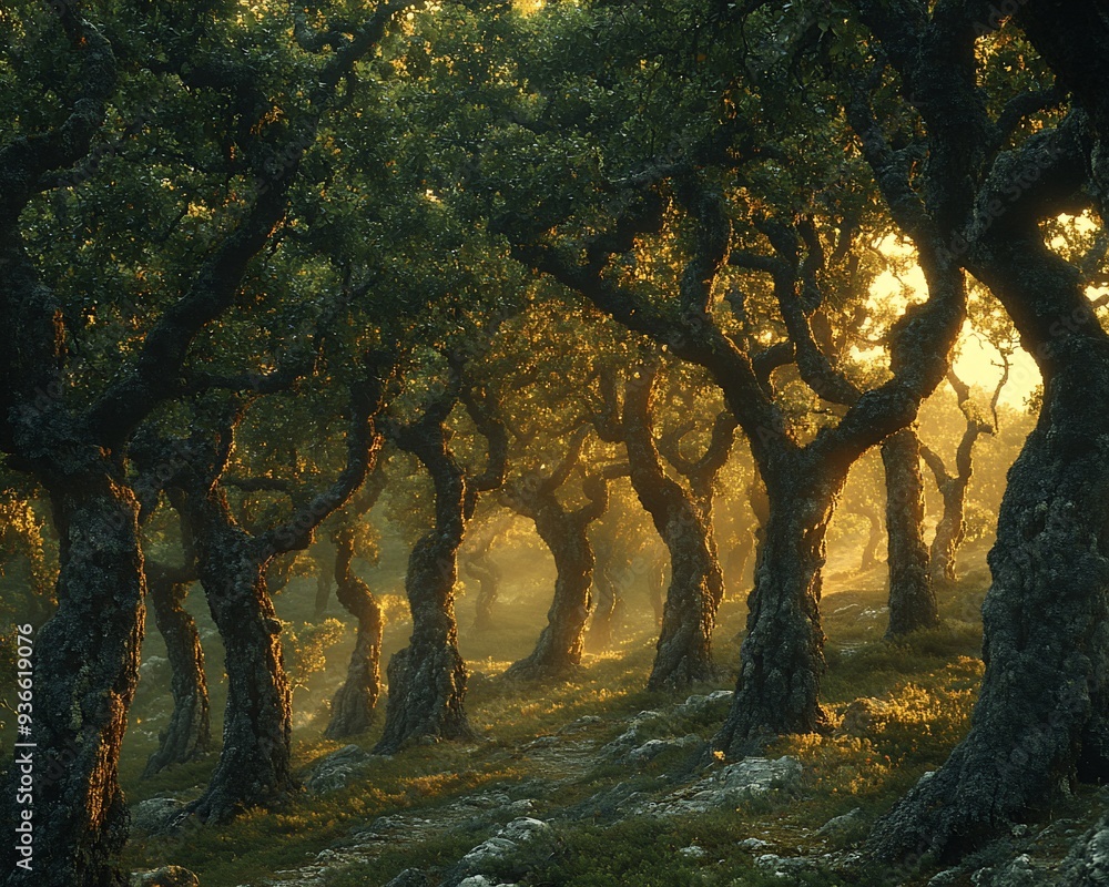 Poster forest where every tree represents a different source of inspiration guiding artists in their pursui