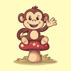 A cute cartoon vector illustration monkey sitting on top of a mushroom, smiling and waving its hand.
