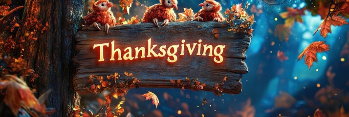 wooden sign. carved written into the sign is the word "Thanksgiving'". - festive scene
