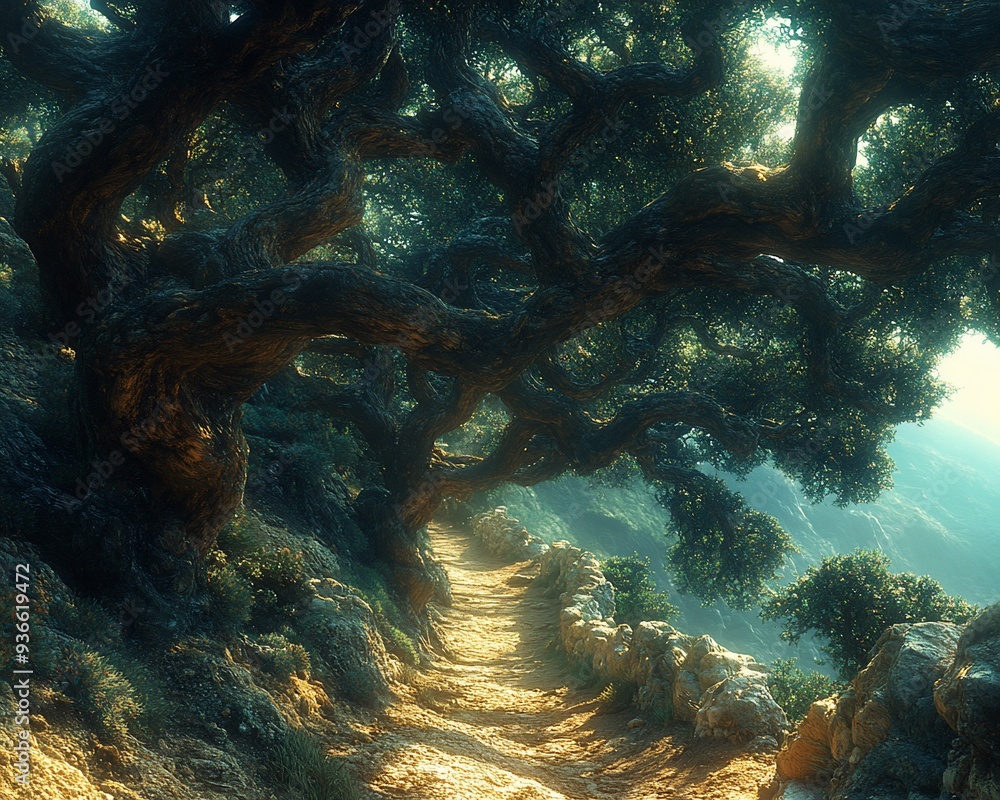 Poster forest where every tree represents a different source of inspiration guiding artists in their pursui