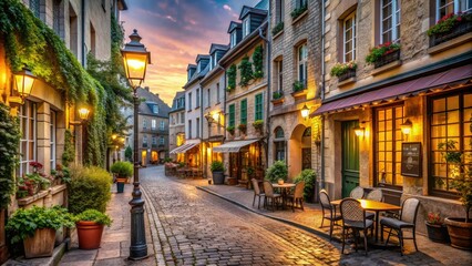 Obraz premium Narrow cobblestone street lined with charming historic buildings, ornate lampposts, and quaint cafes, evoking classic French elegance and romanticism in soft, warm light.