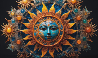 Obraz premium A sun with a face on it is surrounded by many small suns