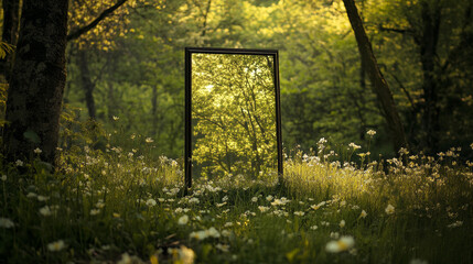 Obraz premium “A mirror placed on fresh spring grass. The mirror reflects the surrounding greenery and vibrant spring colors,