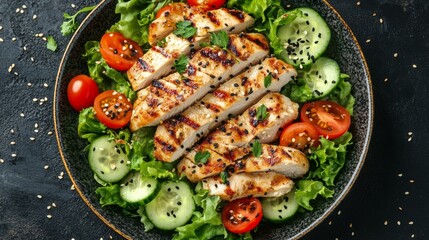 Grilled chicken salad with fresh vegetables and cherry tomatoes in a bowl