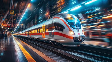 Fototapeta premium Modern high-speed train at night in a city station - generative ai