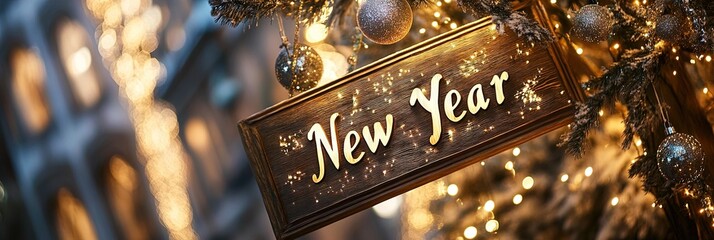 wooden sign. carved written into the sign are the words "New Year'". - festive scene