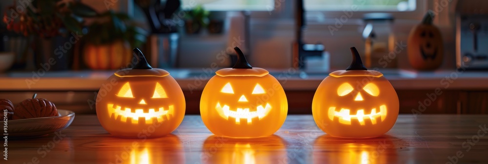 Poster three glowing jack-o'-lanterns displaying joyful expressions arranged on a kitchen table