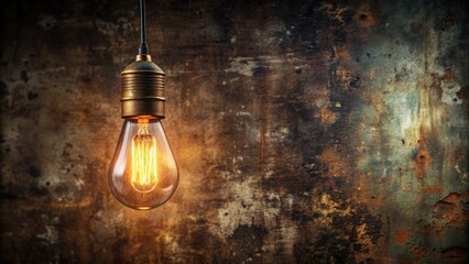 Old-fashioned tungsten bulb with a warm glow, suspended from a rusty metal fixtures, against a dark and moody industrial background with distressed textures.
