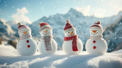 Obraz premium cute snowman family with snow mountain background